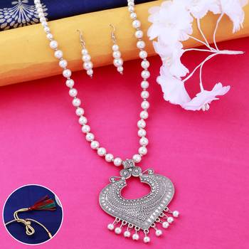 Silver plated Designer Traditional Long Pearl Drop Sunshine Design Necklace set for women Jewellery set 1