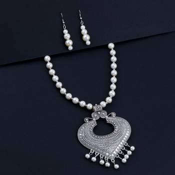 Silver plated Designer Traditional Long Pearl Drop Sunshine Design Necklace set for women Jewellery set 2