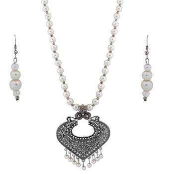 Silver plated Designer Traditional Long Pearl Drop Sunshine Design Necklace set for women Jewellery set 3