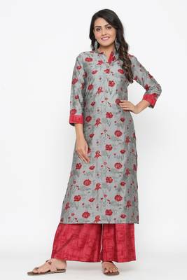 Ardozaa Women's Muslin Printed Straight Kurta Palazzo Set (Grey) 1