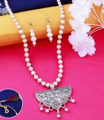 Silver plated Designer traditional Long Pearl Drop Round pendant Necklace set for women Jewellery set