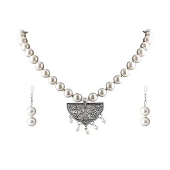 Silver plated Designer traditional Long Pearl Drop Round pendant Necklace set for women Jewellery set 3