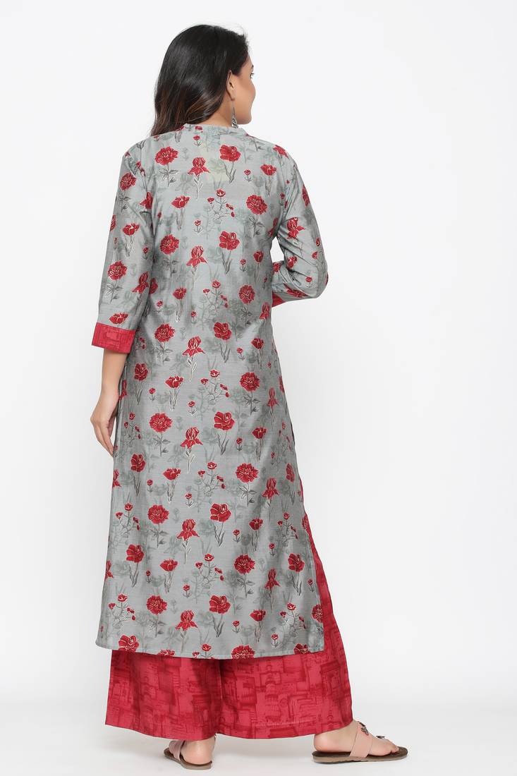Ardozaa Women's Muslin Printed Straight Kurta Palazzo Set (Grey)