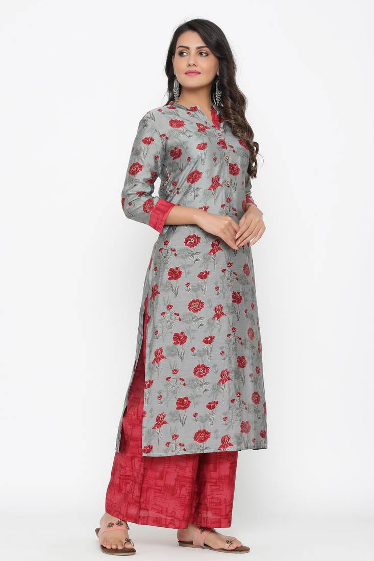 Ardozaa Women's Muslin Printed Straight Kurta Palazzo Set (Grey)