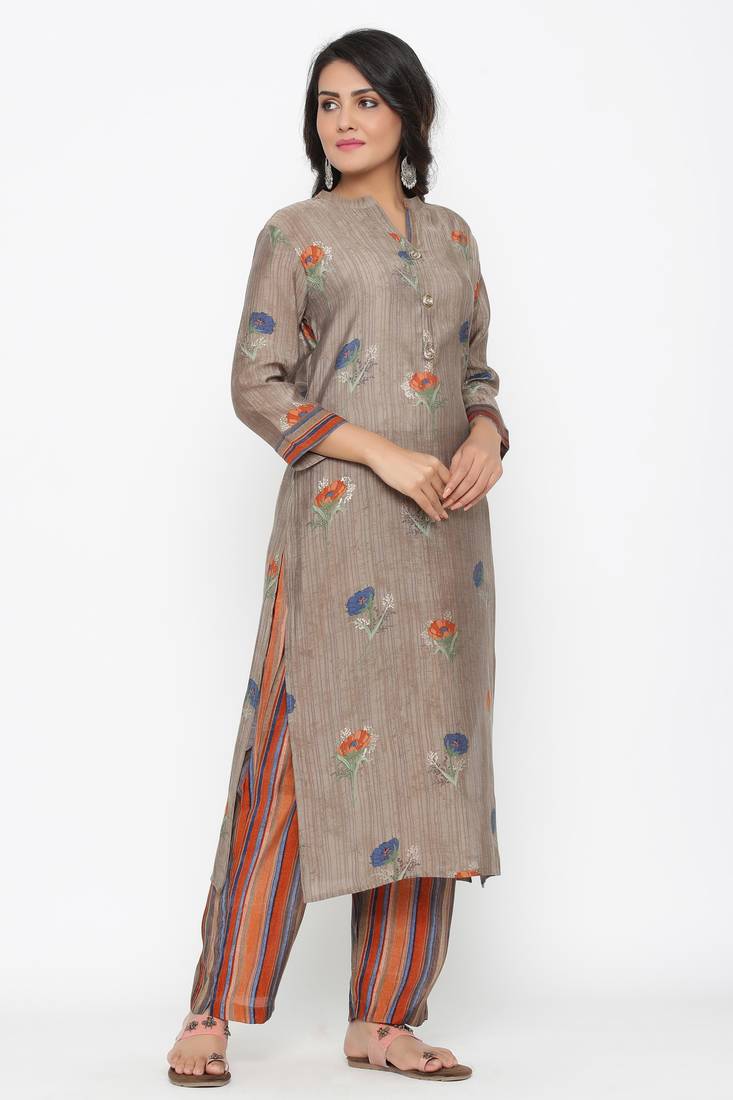 Ardozaa Women's Muslin Gold Print Straight Kurta Palazzo Set (Beige)