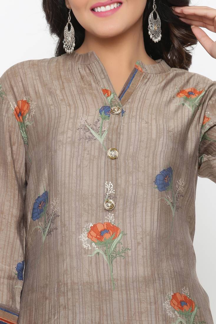 Ardozaa Women's Muslin Gold Print Straight Kurta Palazzo Set (Beige)