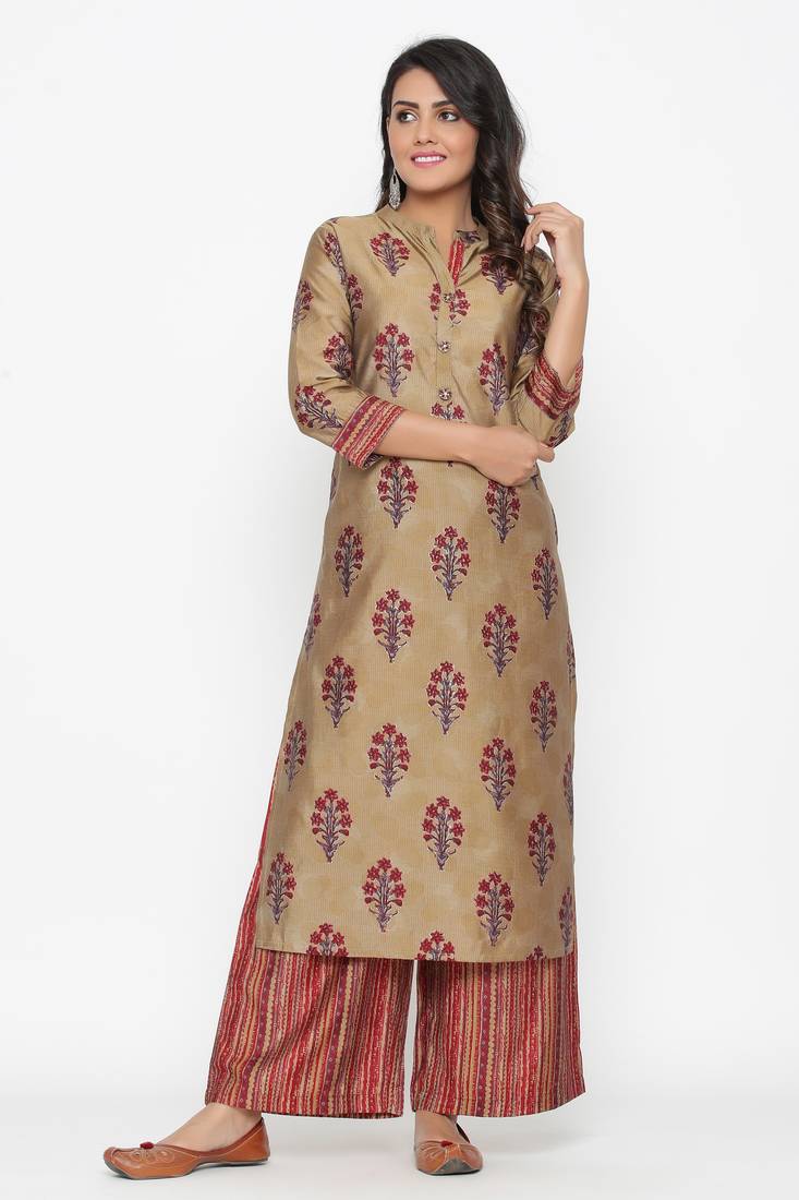 Ardozaa Women's Muslin Printed Straight Kurta Palazzo Set (Beige)