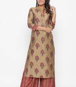 Ardozaa Women's Muslin Printed Straight Kurta Palazzo Set (Beige)