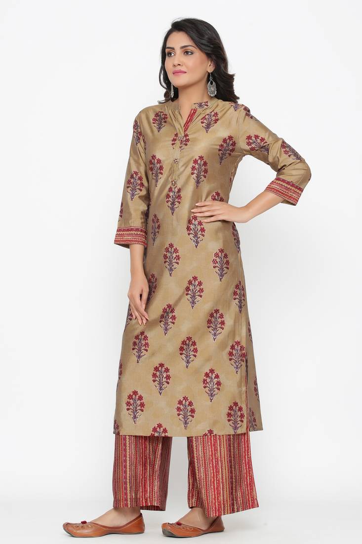 Ardozaa Women's Muslin Printed Straight Kurta Palazzo Set (Beige)