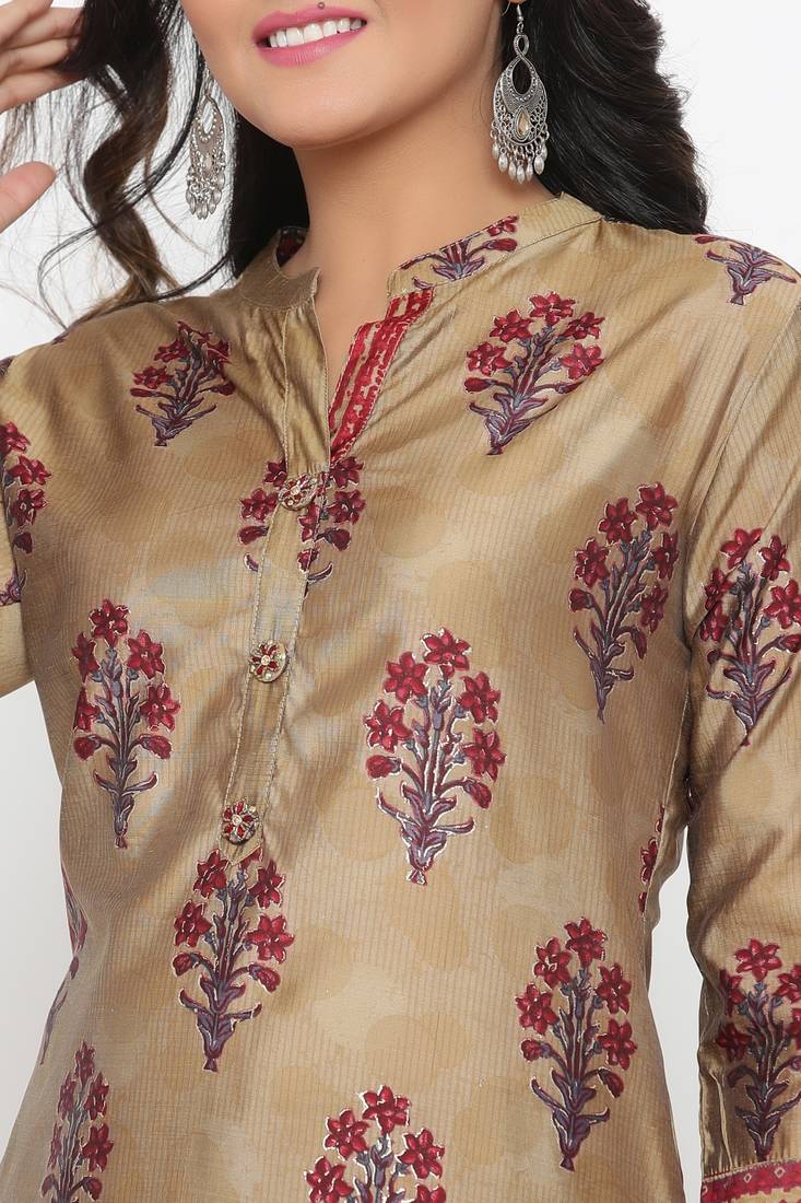 Ardozaa Women's Muslin Printed Straight Kurta Palazzo Set (Beige)