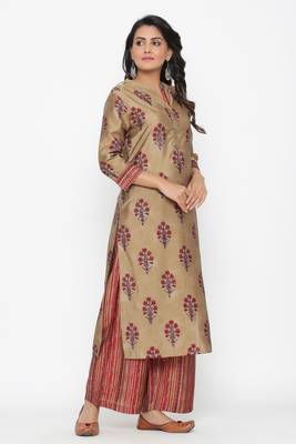Ardozaa Women's Muslin Printed Straight Kurta Palazzo Set (Beige) 2