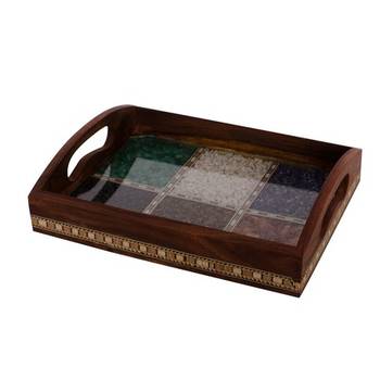 Multipurpose Gemstone Filled 6 Sq Brown Wooden Utility Tray 3
