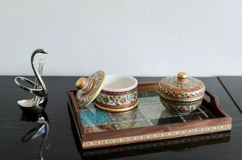 Multipurpose Gemstone Filled 12 Sq Brown Wooden Utility Tray