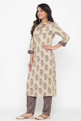 Ardozaa Women's Modal Chanderi Printed Straight Kurta Pant Set (Cream) 2