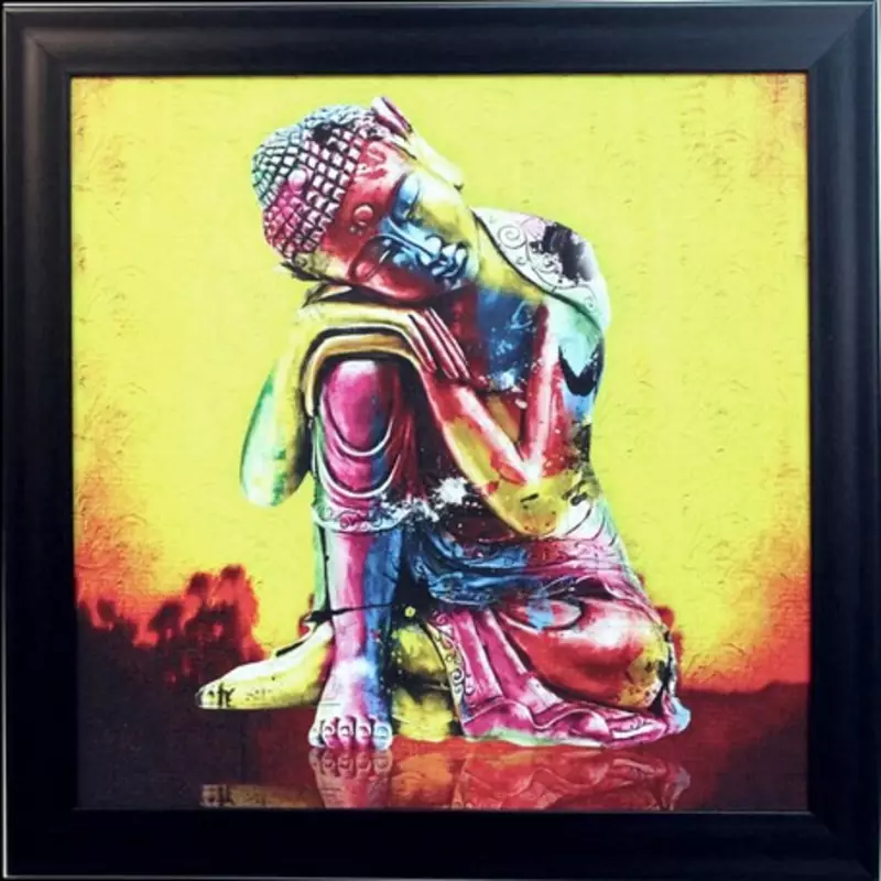 Colorful Resting Buddha on Knee Design Satin Matt Texture Framed UV Art Print
