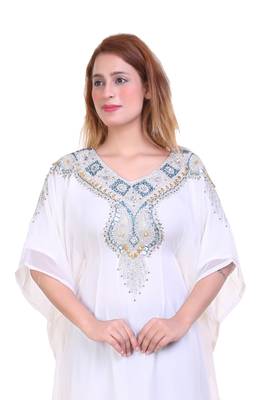 White Zari Stone Work Georgette Islamic Style Beads Embedded Partywear Kaftan Long Gown Evening wear Dubai kaftan 2