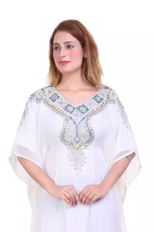 White Zari Stone Work Georgette Islamic Style Beads Embedded Partywear Kaftan Long Gown Evening wear Dubai kaftan