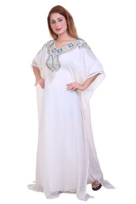 White Zari Stone Work Georgette Islamic Style Beads Embedded Partywear Kaftan Long Gown Evening wear Dubai kaftan 3