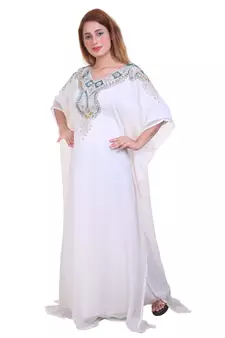 White Zari Stone Work Georgette Islamic Style Beads Embedded Partywear Kaftan Long Gown Evening wear Dubai kaftan