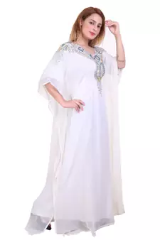 White Zari Stone Work Georgette Islamic Style Beads Embedded Partywear Kaftan Long Gown Evening wear Dubai kaftan