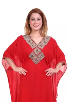 Red Zari Stone Work Georgette Islamic Style Beads Embedded Partywear Kaftan Long Gown Evening wear Dubai kaftan