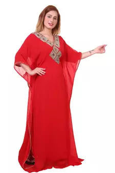 Red Zari Stone Work Georgette Islamic Style Beads Embedded Partywear Kaftan Long Gown Evening wear Dubai kaftan