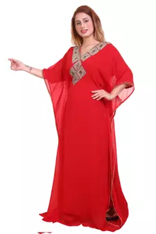 Red Zari Stone Work Georgette Islamic Style Beads Embedded Partywear Kaftan Long Gown Evening wear Dubai kaftan