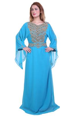 Aqua Blue Zari Stone Work Georgette Islamic Style Beads Embedded Partywear Kaftan Long Gown Evening wear Dubai kaftan 1