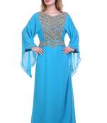 Aqua Blue Zari Stone Work Georgette Islamic Style Beads Embedded Partywear Kaftan Long Gown Evening wear Dubai kaftan