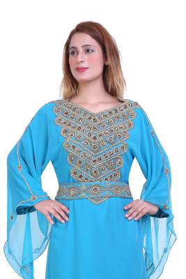 Aqua Blue Zari Stone Work Georgette Islamic Style Beads Embedded Partywear Kaftan Long Gown Evening wear Dubai kaftan 2