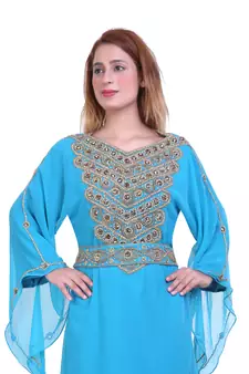Aqua Blue Zari Stone Work Georgette Islamic Style Beads Embedded Partywear Kaftan Long Gown Evening wear Dubai kaftan