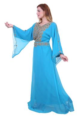 Aqua Blue Zari Stone Work Georgette Islamic Style Beads Embedded Partywear Kaftan Long Gown Evening wear Dubai kaftan 3