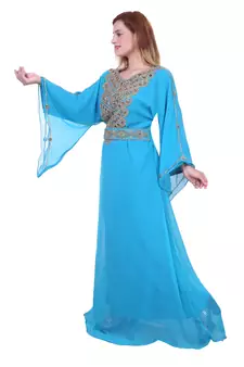 Aqua Blue Zari Stone Work Georgette Islamic Style Beads Embedded Partywear Kaftan Long Gown Evening wear Dubai kaftan