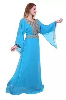 Aqua Blue Zari Stone Work Georgette Islamic Style Beads Embedded Partywear Kaftan Long Gown Evening wear Dubai kaftan
