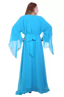 Aqua Blue Zari Stone Work Georgette Islamic Style Beads Embedded Partywear Kaftan Long Gown Evening wear Dubai kaftan