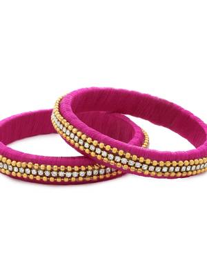 Girls Pink Beads/ Stone Chain Silk Thread Bangle 3