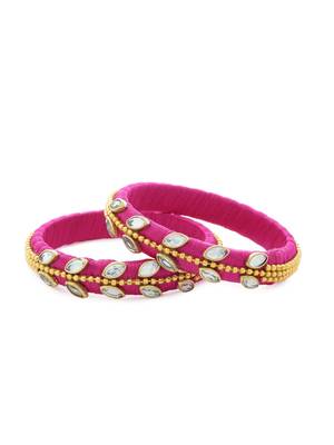 Girls Pink Kundan Stone/ Beads Chain Silk Thread Bangle 1