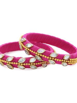 Girls Pink Kundan Stone/ Beads Chain Silk Thread Bangle 3