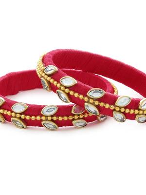 Girls Red Kundan Stone/ Beads Chain Silk Thread Bangle 3