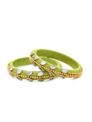 Girls Green Kundan Stone/ Beads Chain Silk Thread Bangle 1