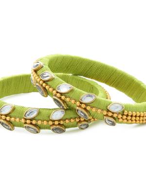 Girls Green Kundan Stone/ Beads Chain Silk Thread Bangle 3