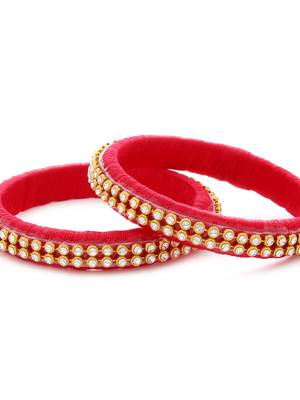 Girls Red Stone/ Beads Chain Silk Thread Bangle 3
