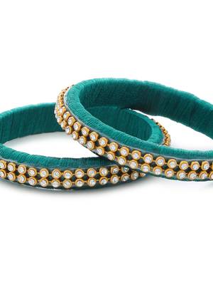 Girls Green Stone/ Beads Chain Silk Thread Bangle 3