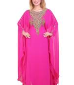 Rani Pink Zari Stone Work Georgette Islamic Style Beads Embedded Partywear Kaftan Long Gown Evening wear Dubai kaftan