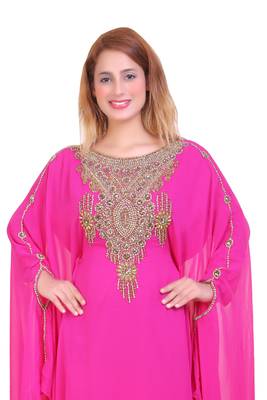 Rani Pink Zari Stone Work Georgette Islamic Style Beads Embedded Partywear Kaftan Long Gown Evening wear Dubai kaftan 2