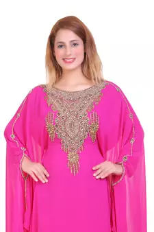 Rani Pink Zari Stone Work Georgette Islamic Style Beads Embedded Partywear Kaftan Long Gown Evening wear Dubai kaftan