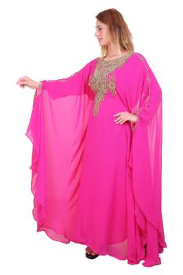 Rani Pink Zari Stone Work Georgette Islamic Style Beads Embedded Partywear Kaftan Long Gown Evening wear Dubai kaftan 3