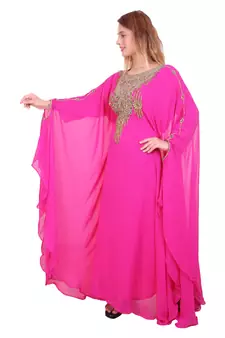 Rani Pink Zari Stone Work Georgette Islamic Style Beads Embedded Partywear Kaftan Long Gown Evening wear Dubai kaftan