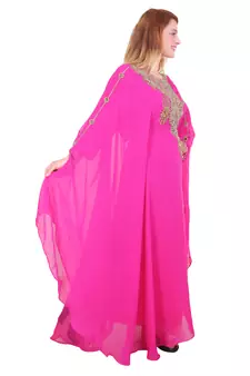 Rani Pink Zari Stone Work Georgette Islamic Style Beads Embedded Partywear Kaftan Long Gown Evening wear Dubai kaftan