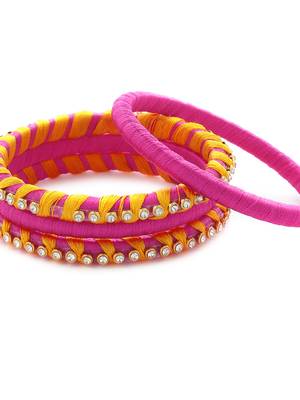 Girls Pink Stone Chain Wrapped with Silk Thread Bangle 4